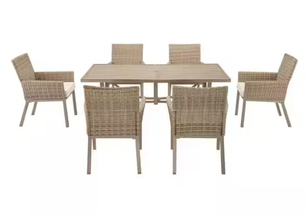 Holly Cove 7-piece Wicker Outdoor Dining Set With Almond Cushions