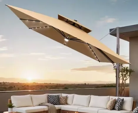 Pellebant 11' Square Double Top Aluminum Outdoor 360 Degree Rotation Cantilever Patio Umbrella With Solar Led
