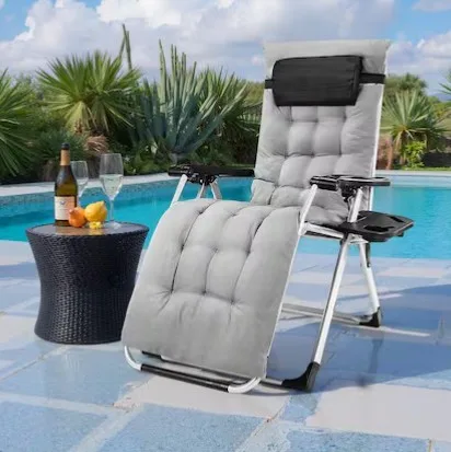 Name Brand Zero Gravity Metal Reclining Outdoor Lounge Chair With Grey Removable Cushion