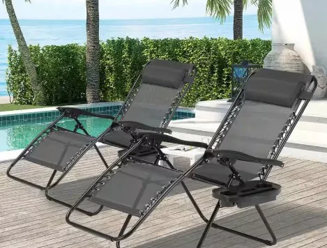 Total Of 2 Name Brand Zero Gravity Metal Patio Outdoor Chaise Lounge Chairs With Headrests