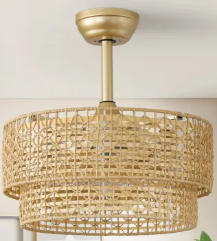 Kaisite 19" Boho Double Layer Natural Rattan Caged Ceiling Fan With Light Kit And Remote Control