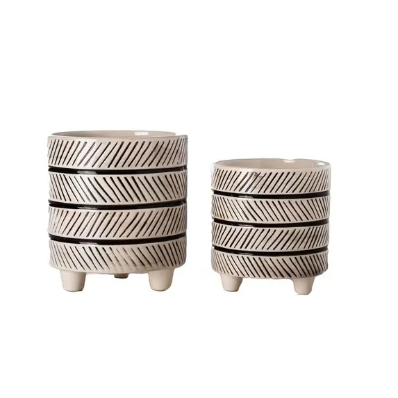 Urban Trends Ceramic Round Pot With Debossed Banded Diagonal Line Pattern